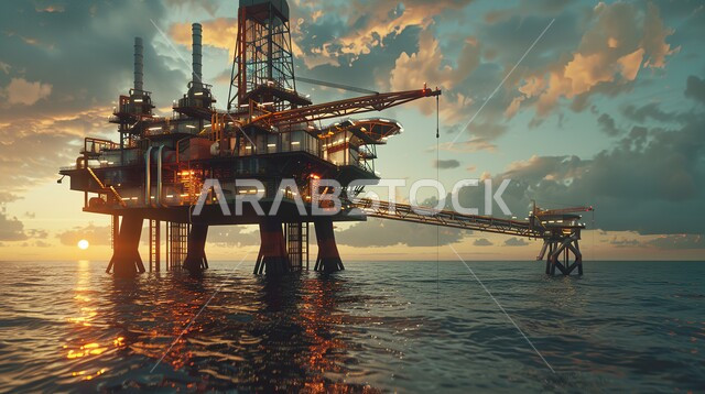 منصة نفط لاستنباط الزيوت, استخراج وتصدير الثروات الباطنية، حفارة تقوم بالتنقيب عن النفط وسط البحر, آلات حفر ضخمة , جودة الأدوات والمعدات لصناعة وتخزين البترول