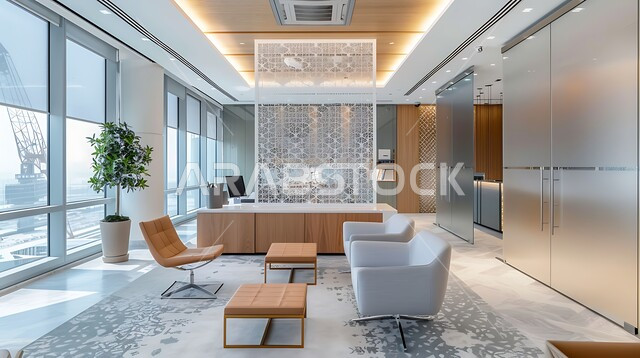 Spacious meeting room with comfortable and elegant furniture, spacious business room equipped with luxurious decorations, office rooms with luxurious interior designs, modern contemporary design for offices in Saudi companies