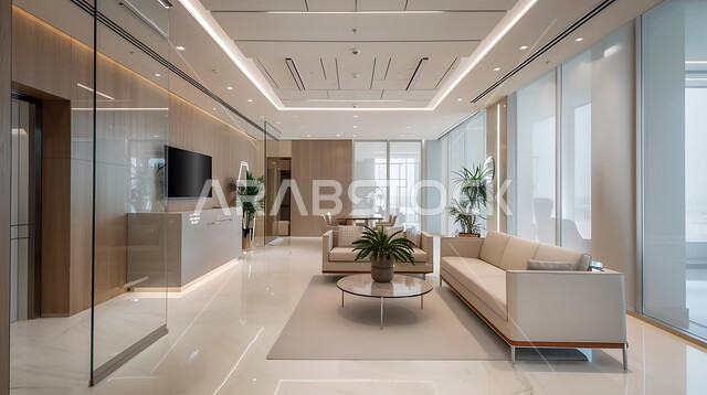 قاعة اجتماعات واسعة مع أثاث مريح و أنيق، غرفة أعمال واسعة مجهزة بديكورات فاخرة,غرف مكتبية بتصاميم داخلية فخمة، التصميم العصري الحديث للمكاتب في الشركات السعودية