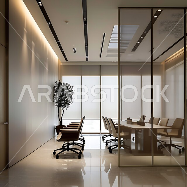 قاعة اجتماعات واسعة مع أثاث مريح و أنيق، غرفة أعمال واسعة مجهزة بديكورات فاخرة,غرف مكتبية بتصاميم داخلية فخمة، التصميم العصري الحديث للمكاتب في الشركات السعودية