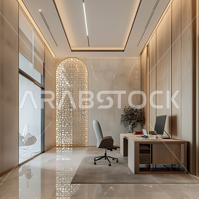 قاعة اجتماعات واسعة مع أثاث مريح و أنيق، غرفة أعمال واسعة مجهزة بديكورات فاخرة,غرف مكتبية بتصاميم داخلية فخمة، التصميم العصري الحديث للمكاتب في الشركات السعودية