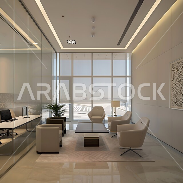 قاعة اجتماعات واسعة مع أثاث مريح و أنيق، غرفة أعمال واسعة مجهزة بديكورات فاخرة,غرف مكتبية بتصاميم داخلية فخمة، التصميم العصري الحديث للمكاتب في الشركات السعودية
