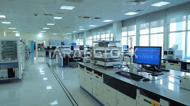 مختبر حديث مجهز بأدوات علمية متقدمة ومساحات عمل نظيفة، وشاشات عرض رقمية، التركيز على البحث والتطوير، تقدم التكنولوجيا الحيوية في المختبرات العلمية, الطب والرعاية الصحيه, مفهوم البحث والتطوير العلمي للعينات عبر الأجهزة الحديثة المتطورة في مخبر الأبحاث الطبية