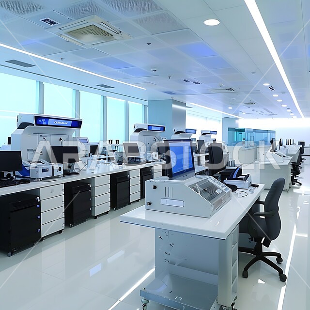 مختبر حديث مجهز بأدوات علمية متقدمة ومساحات عمل نظيفة، وشاشات عرض رقمية، التركيز على البحث والتطوير، تقدم التكنولوجيا الحيوية في المختبرات العلمية, الطب والرعاية الصحيه, مفهوم البحث والتطوير العلمي للعينات عبر الأجهزة الحديثة المتطورة في مخبر الأبحاث الطبية