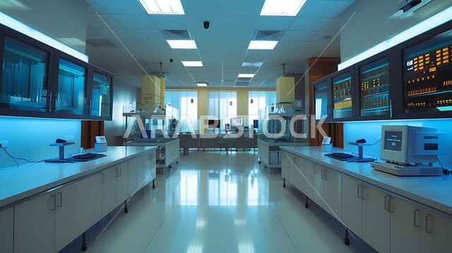 مختبر حديث مجهز بأدوات علمية متقدمة ومساحات عمل نظيفة، وشاشات عرض رقمية، التركيز على البحث والتطوير، تقدم التكنولوجيا الحيوية في المختبرات العلمية, الطب والرعاية الصحيه, مفهوم البحث والتطوير العلمي للعينات عبر الأجهزة الحديثة المتطورة في مخبر الأبحاث الطبية