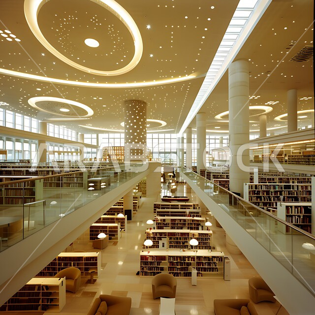 مكتبة حديثة في المملكة العربية السعودية تضم صفوفًا من أرفف الكتب، وأماكن جلوس مريحة، وأنظمة فهرسة رقمية متقدمة، أهمية المعرفة والتعليم في بيئة معاصرة، مفهوم حب المطالعة و الابتكارات, صورة من الاعلى لمكتبات بتصاميم عصرية, رؤية مستقبلية سعودية 2030