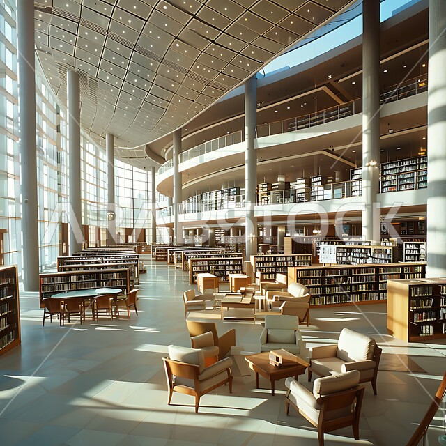 مكتبة حديثة في المملكة العربية السعودية تضم صفوفًا من أرفف الكتب، وأماكن جلوس مريحة، وأنظمة فهرسة رقمية متقدمة، أهمية المعرفة والتعليم في بيئة معاصرة، مفهوم حب المطالعة و الابتكارات, صورة من الاعلى لمكتبات بتصاميم عصرية, رؤية مستقبلية سعودية 2030