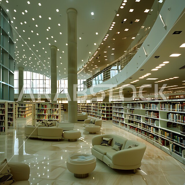 مكتبة حديثة في المملكة العربية السعودية تضم صفوفًا من أرفف الكتب، وأماكن جلوس مريحة، وأنظمة فهرسة رقمية متقدمة، أهمية المعرفة والتعليم في بيئة معاصرة، مفهوم حب المطالعة و الابتكارات, صورة من الاعلى لمكتبات بتصاميم عصرية, رؤية مستقبلية سعودية 2030