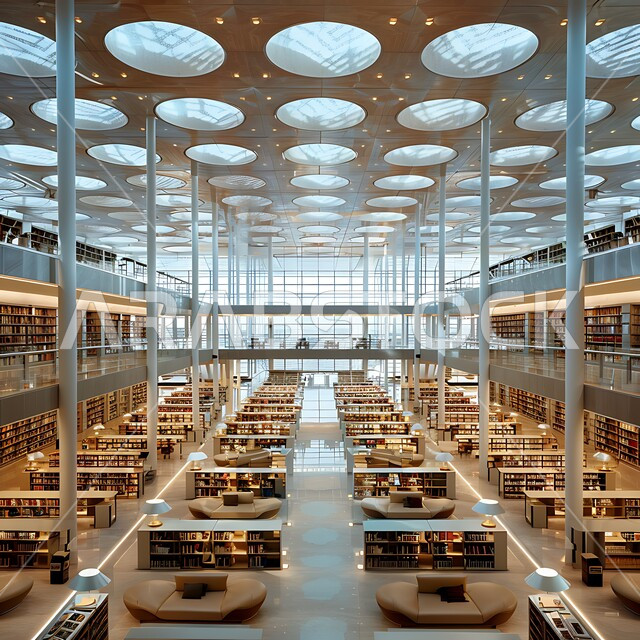 مكتبة حديثة في المملكة العربية السعودية تضم صفوفًا من أرفف الكتب، وأماكن جلوس مريحة، وأنظمة فهرسة رقمية متقدمة، أهمية المعرفة والتعليم في بيئة معاصرة، مفهوم حب المطالعة و الابتكارات, صورة من الاعلى لمكتبات بتصاميم عصرية, رؤية مستقبلية سعودية 2030