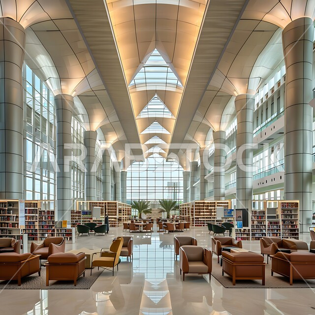 مكتبة حديثة في المملكة العربية السعودية تضم صفوفًا من أرفف الكتب، وأماكن جلوس مريحة، وأنظمة فهرسة رقمية متقدمة، أهمية المعرفة والتعليم في بيئة معاصرة، مفهوم حب المطالعة و الابتكارات, صورة من الاعلى لمكتبات بتصاميم عصرية, رؤية مستقبلية سعودية 2030