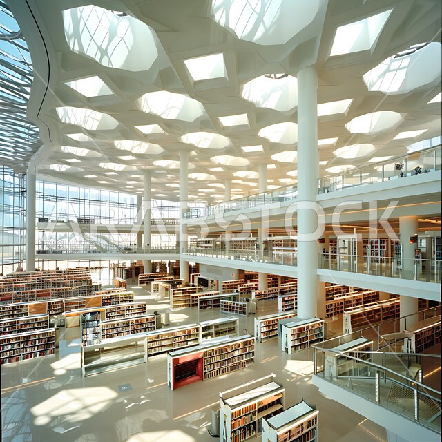 مكتبة حديثة في المملكة العربية السعودية تضم صفوفًا من أرفف الكتب، وأماكن جلوس مريحة، وأنظمة فهرسة رقمية متقدمة، أهمية المعرفة والتعليم في بيئة معاصرة، مفهوم حب المطالعة و الابتكارات, صورة من الاعلى لمكتبات بتصاميم عصرية, رؤية مستقبلية سعودية 2030