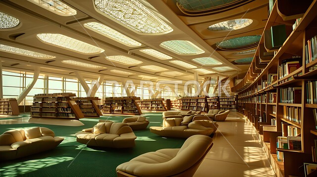 مكتبة حديثة في المملكة العربية السعودية تضم صفوفًا من أرفف الكتب، وأماكن جلوس مريحة، وأنظمة فهرسة رقمية متقدمة، أهمية المعرفة والتعليم في بيئة معاصرة، مفهوم حب المطالعة و الابتكارات, صورة من الاعلى لمكتبات بتصاميم عصرية, رؤية مستقبلية سعودية 2030