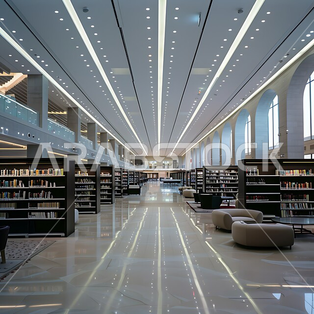 A modern library in Saudi Arabia with rows of bookshelves, comfortable seating, and advanced digital indexing systems. The importance of knowledge and education in a contemporary environment. The concept of reading and innovation. Aerial view of libraries with modern designs. Saudi Vision 2030