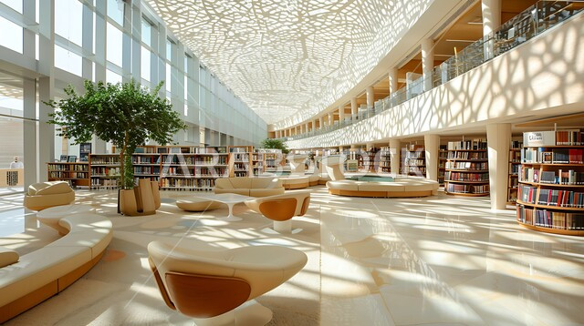 مكتبة حديثة في المملكة العربية السعودية تضم صفوفًا من أرفف الكتب، وأماكن جلوس مريحة، وأنظمة فهرسة رقمية متقدمة، أهمية المعرفة والتعليم في بيئة معاصرة، مفهوم حب المطالعة و الابتكارات, صورة من الاعلى لمكتبات بتصاميم عصرية, رؤية مستقبلية سعودية 2030