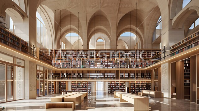 أنظمة وفهرسة رقمية متقدمة، مكتبة حديثة في المملكة العربية السعودية تضم صفوفًا من أرفف الكتب، وأماكن جلوس مريحة، أهمية المعرفة والتعليم في بيئة معاصرة، مفهوم حب المطالعة و الابتكارات, صورة من الاعلى لمكتبات بتصاميم عصرية, رؤية مستقبلية سعودية 2030