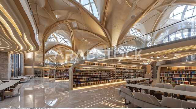 أنظمة وفهرسة رقمية متقدمة، مكتبة حديثة في المملكة العربية السعودية تضم صفوفًا من أرفف الكتب، وأماكن جلوس مريحة، أهمية المعرفة والتعليم في بيئة معاصرة، مفهوم حب المطالعة و الابتكارات, صورة من الاعلى لمكتبات بتصاميم عصرية, رؤية مستقبلية سعودية 2030