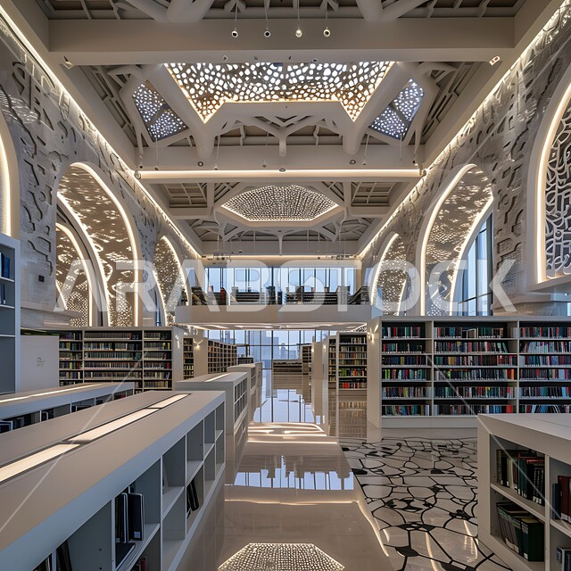 أنظمة وفهرسة رقمية متقدمة، مكتبة حديثة في المملكة العربية السعودية تضم صفوفًا من أرفف الكتب، وأماكن جلوس مريحة، أهمية المعرفة والتعليم في بيئة معاصرة، مفهوم حب المطالعة و الابتكارات, صورة من الاعلى لمكتبات بتصاميم عصرية, رؤية مستقبلية سعودية 2030