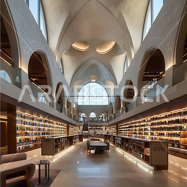 أنظمة وفهرسة رقمية متقدمة، مكتبة حديثة في المملكة العربية السعودية تضم صفوفًا من أرفف الكتب، وأماكن جلوس مريحة، أهمية المعرفة والتعليم في بيئة معاصرة، مفهوم حب المطالعة و الابتكارات, صورة من الاعلى لمكتبات بتصاميم عصرية, رؤية مستقبلية سعودية 2030