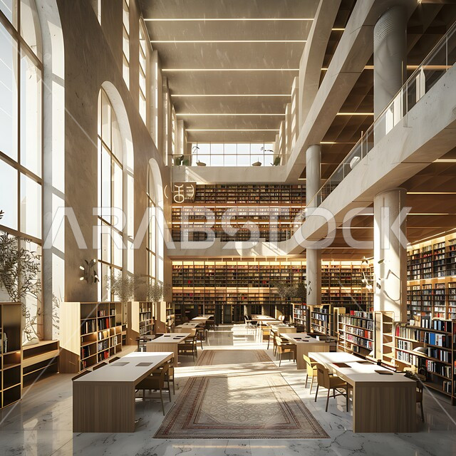 أنظمة وفهرسة رقمية متقدمة، مكتبة حديثة في المملكة العربية السعودية تضم صفوفًا من أرفف الكتب، وأماكن جلوس مريحة، أهمية المعرفة والتعليم في بيئة معاصرة، مفهوم حب المطالعة و الابتكارات, صورة من الاعلى لمكتبات بتصاميم عصرية, رؤية مستقبلية سعودية 2030