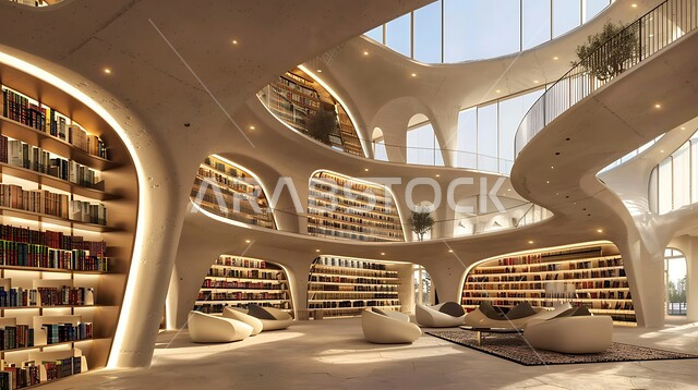 أنظمة وفهرسة رقمية متقدمة، مكتبة حديثة في المملكة العربية السعودية تضم صفوفًا من أرفف الكتب، وأماكن جلوس مريحة، أهمية المعرفة والتعليم في بيئة معاصرة، مفهوم حب المطالعة و الابتكارات, صورة من الاعلى لمكتبات بتصاميم عصرية, رؤية مستقبلية سعودية 2030