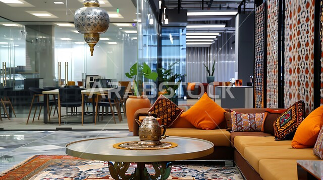 مساحة مكتبية حديثة في الرياض تتميز بالعناصر السعودية التقليدية مثل إبريق القهوة المزخرف (الدلة) والسجاد العربي المزخرف، المزج بين التصميم المعاصر والتراث الثقافي، الفن الهندسي المعماري، تحف واكسسوارات وزخرفات فاخرة