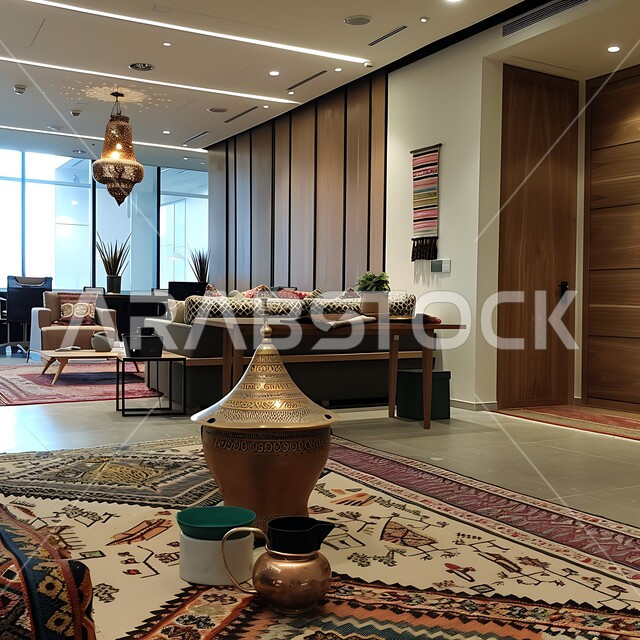 Modern office space in Riyadh featuring traditional Saudi elements such as the ornate coffee pot (dallah) and the ornate Arabian carpet, blending contemporary design with cultural heritage, architectural art, antiques, accessories and luxury decorations.