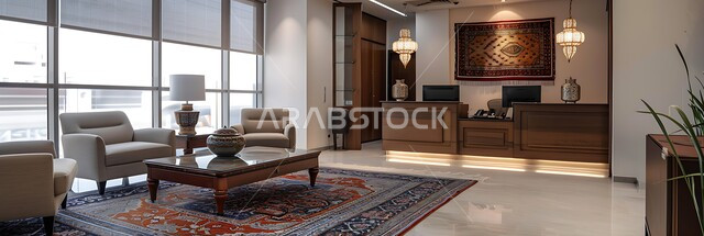 مساحة مكتبية حديثة في الرياض تتميز بالعناصر السعودية التقليدية مثل إبريق القهوة المزخرف (الدلة) والسجاد العربي المزخرف، المزج بين التصميم المعاصر والتراث الثقافي، الفن الهندسي المعماري، تحف واكسسوارات وزخرفات فاخرة