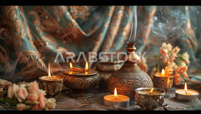 منتج محلي وطني سعودي, صورة مقربة لمباخر وشموع تقليدية مزخرفة في مكان تراثي, التعطر والتطيب باطيب الروائح والعطور، أصالة العادات والتقاليد في المملكة العربية السعودية، منظر الدخان المنتشر من البخور، خشب العود الفاخر والفحم