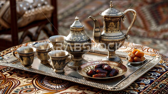 The concept of hospitality and reception, a traditional arranged coffee set, an Arabic coffee pot with cups and a plate of dates, popular gatherings, authentic customs and traditions in honoring guests in the Kingdom of Saudi Arabia