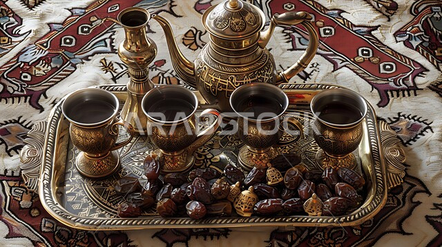 مفهوم حسن الضيافة والإستقبال، مجموعة قهوة تقليدية مرتبة، دلة قهوة عربية مع فناجين وطبق من التمر، جلسات وناسة شعبية، العادات والتقاليد الأصيلة في إكرام الضيف بالمملكة العربية السعودية