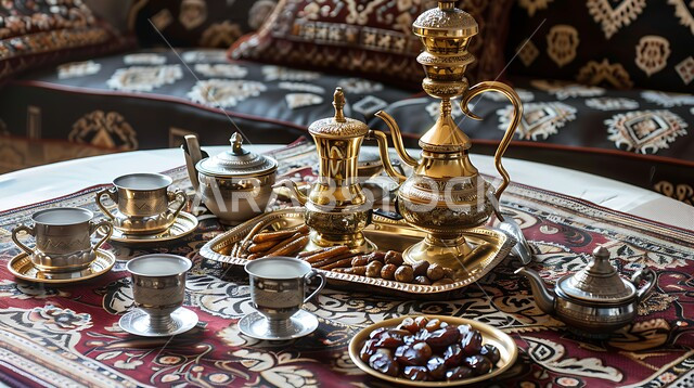 The concept of hospitality and reception, a traditional arranged coffee set, an Arabic coffee pot with cups and a plate of dates, popular gatherings, authentic customs and traditions in honoring guests in the Kingdom of Saudi Arabia