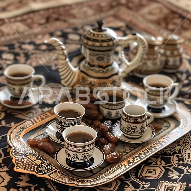 Traditional arranged coffee set, concept of hospitality and reception, Arabic coffee pot with cups and a plate of dates, popular gatherings, authentic customs and traditions in honoring guests in the Kingdom of Saudi Arabia