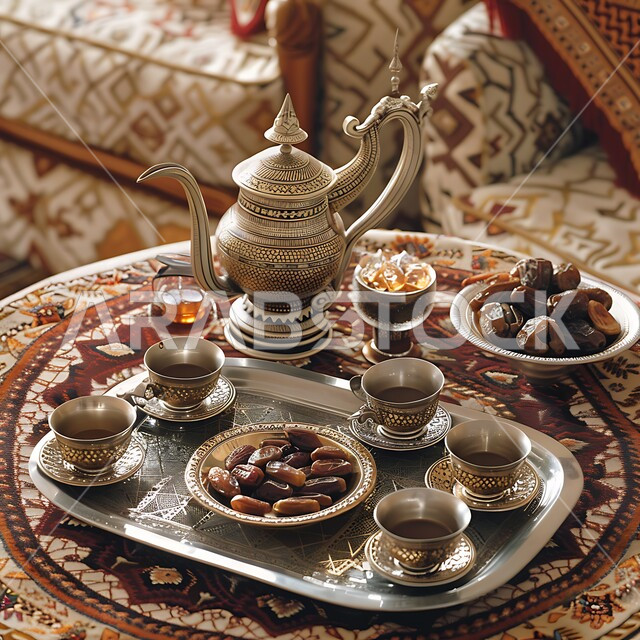 مجموعة قهوة تقليدية مرتبة، مفهوم حسن الضيافة والإستقبال، دلة قهوة عربية مع فناجين وطبق من التمر، جلسات وناسة شعبية، العادات والتقاليد الأصيلة في إكرام الضيف بالمملكة العربية السعودية