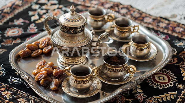 مجموعة قهوة تقليدية مرتبة، مفهوم حسن الضيافة والإستقبال، دلة قهوة عربية مع فناجين وطبق من التمر، جلسات وناسة شعبية، العادات والتقاليد الأصيلة في إكرام الضيف بالمملكة العربية السعودية
