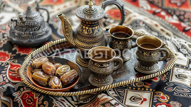 مجموعة قهوة تقليدية مرتبة، مفهوم حسن الضيافة والإستقبال، دلة قهوة عربية مع فناجين وطبق من التمر، جلسات وناسة شعبية، العادات والتقاليد الأصيلة في إكرام الضيف بالمملكة العربية السعودية