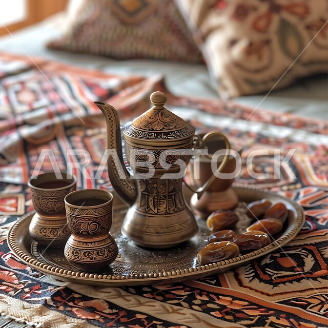 مجموعة قهوة تقليدية مرتبة، مفهوم حسن الضيافة والإستقبال، دلة قهوة عربية مع فناجين وطبق من التمر، جلسات وناسة شعبية، العادات والتقاليد الأصيلة في إكرام الضيف بالمملكة العربية السعودية