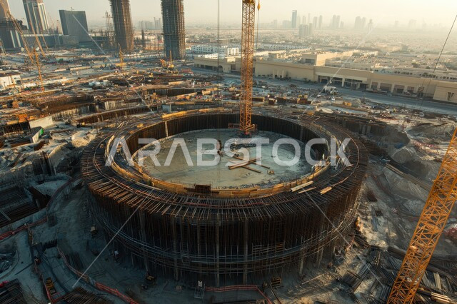 The concept of structural and architectural engineering, a building under construction in the Kingdom of Saudi Arabia, construction works, pouring concrete and laying foundations, implementing the reconstruction plan and forming the metal structure