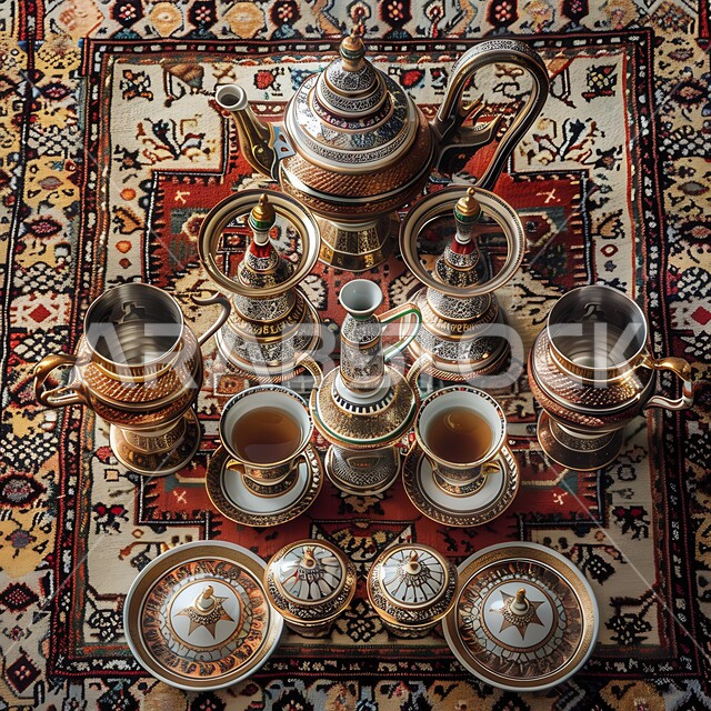 دلة قهوة عربية مع فناجين موضوعة على سجادة مزخرفة بشكل معقد، مجموعة قهوة تقليدية مرتبة، مفهوم حسن الضيافة والإستقبال، جلسات وناسة شعبية، العادات والتقاليد الأصيلة في إكرام الضيف بالمملكة العربية السعودية