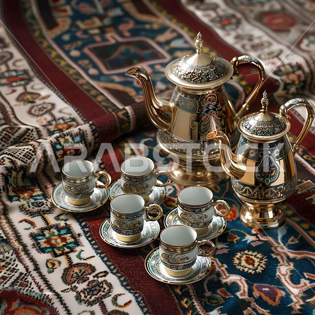 دلة قهوة عربية مع فناجين موضوعة على سجادة مزخرفة بشكل معقد، مجموعة قهوة تقليدية مرتبة، مفهوم حسن الضيافة والإستقبال، جلسات وناسة شعبية، العادات والتقاليد الأصيلة في إكرام الضيف بالمملكة العربية السعودية