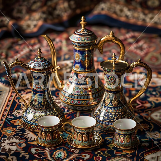 دلة قهوة عربية مع فناجين موضوعة على سجادة مزخرفة بشكل معقد، مجموعة قهوة تقليدية مرتبة، مفهوم حسن الضيافة والإستقبال، جلسات وناسة شعبية، العادات والتقاليد الأصيلة في إكرام الضيف بالمملكة العربية السعودية