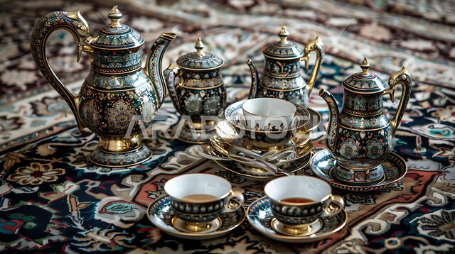 دلة قهوة عربية مع فناجين موضوعة على سجادة مزخرفة بشكل معقد، مجموعة قهوة تقليدية مرتبة، مفهوم حسن الضيافة والإستقبال، جلسات وناسة شعبية، العادات والتقاليد الأصيلة في إكرام الضيف بالمملكة العربية السعودية