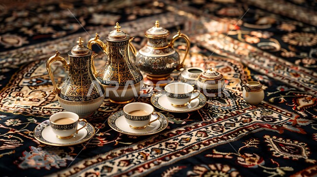 دلة قهوة عربية مع فناجين موضوعة على سجادة مزخرفة بشكل معقد، مجموعة قهوة تقليدية مرتبة، مفهوم حسن الضيافة والإستقبال، جلسات وناسة شعبية، العادات والتقاليد الأصيلة في إكرام الضيف بالمملكة العربية السعودية