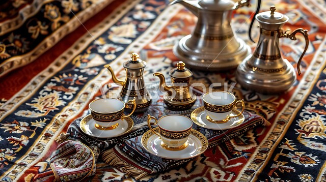 Arabic coffee pot with cups placed on intricately decorated rug, traditional coffee set arranged, concept of hospitality and reception, popular gatherings, authentic customs and traditions of hospitality in Saudi Arabia