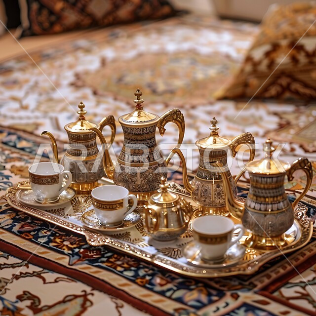 جلسات وناسة شعبية، دلة قهوة عربية مع فناجين موضوعة على سجادة مزخرفة بشكل معقد، مجموعة قهوة تقليدية مرتبة، مفهوم حسن الضيافة والإستقبال، العادات والتقاليد الأصيلة في إكرام الضيف بالمملكة العربية السعودية