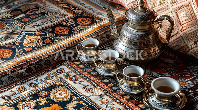 جلسات وناسة شعبية، دلة قهوة عربية مع فناجين موضوعة على سجادة مزخرفة بشكل معقد، مجموعة قهوة تقليدية مرتبة، مفهوم حسن الضيافة والإستقبال، العادات والتقاليد الأصيلة في إكرام الضيف بالمملكة العربية السعودية