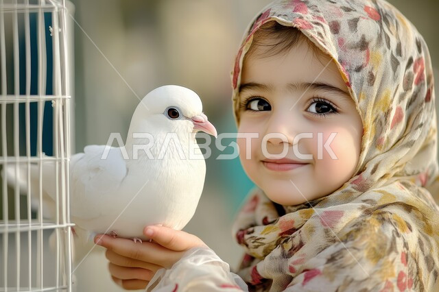 The concept of childhood and innocence, looking with gestures of happiness and pleasure, a smiling Saudi Arabian Gulf girl wearing the hijab holding a white dove in her hand, raising pets