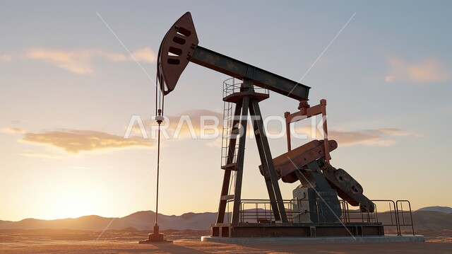 تصدير وبيع الثروات الباطنية في المملكة العربية السعودية، استنباط النفط والزيوت، جودة أدوات ومعدات استخراج البترول، صورة ظليلية لحفارة تقوم بالتنقيب عن النفط في الصحراء وقت غروب الشمس