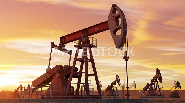 تصدير وبيع الثروات الباطنية في المملكة العربية السعودية، استنباط النفط والزيوت، جودة أدوات ومعدات استخراج البترول، صورة ظليلية لحفارة تقوم بالتنقيب عن النفط في الصحراء وقت غروب الشمس