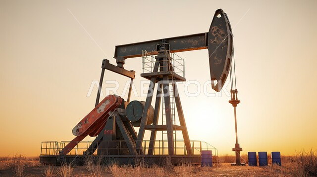 Export and sale of underground resources in Saudi Arabia, extraction of oil and oils, quality of petroleum extraction tools and equipment, silhouette of a drilling rig drilling for oil in the desert at sunset