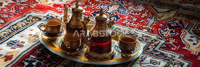 Authentic customs and traditions of hospitality in the Kingdom of Saudi Arabia, a panoramic image of an Arabic coffee pot with cups placed on an intricately decorated carpet, a traditional coffee set arranged, the concept of hospitality and reception, popular gatherings